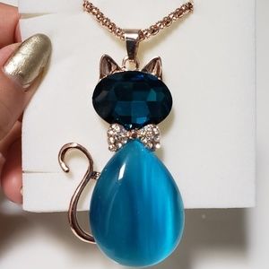 shiny blue cat rhinestone bow rose gold necklace